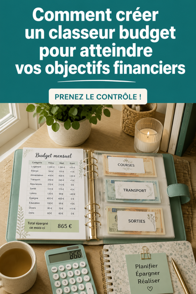 Un classeur budgétaire ouvert avec des notes de finances personnelles et des stylos colorés.