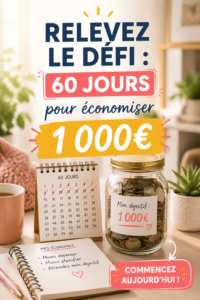 Une femme souriante tenant un pot d'épargne plein, symbolisant le défi d'économiser 1 000€.