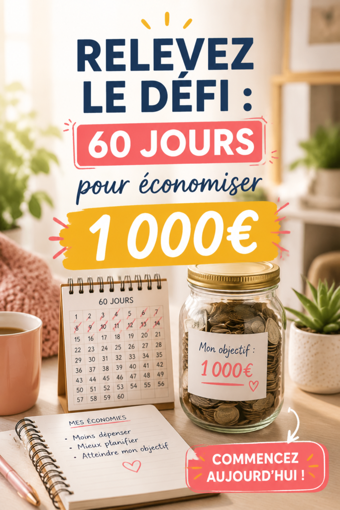 Une femme souriante tenant un pot d'épargne plein, symbolisant le défi d'économiser 1 000€.