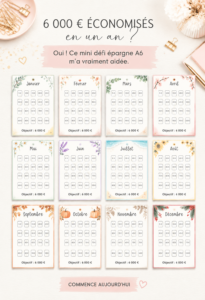 Illustration d'un défi d'épargne A6 avec des graphiques financiers.