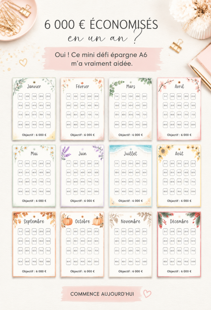 Illustration d'un défi d'épargne A6 avec des graphiques financiers.