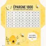 Illustration d'un défi d'épargne sur le thème des abeilles avec des chiffres et des illustrations colorés.