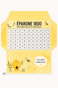 Illustration d'un défi d'épargne sur le thème des abeilles avec des chiffres et des illustrations colorés.
