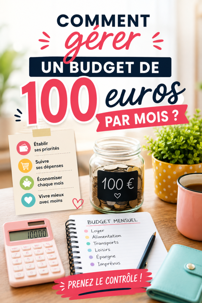 Femme souriante planifiant son budget mensuel de 100 euros avec un carnet et un ordinateur.