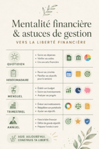 Une femme souriante examine ses finances personnelles avec un carnet et un ordinateur.
