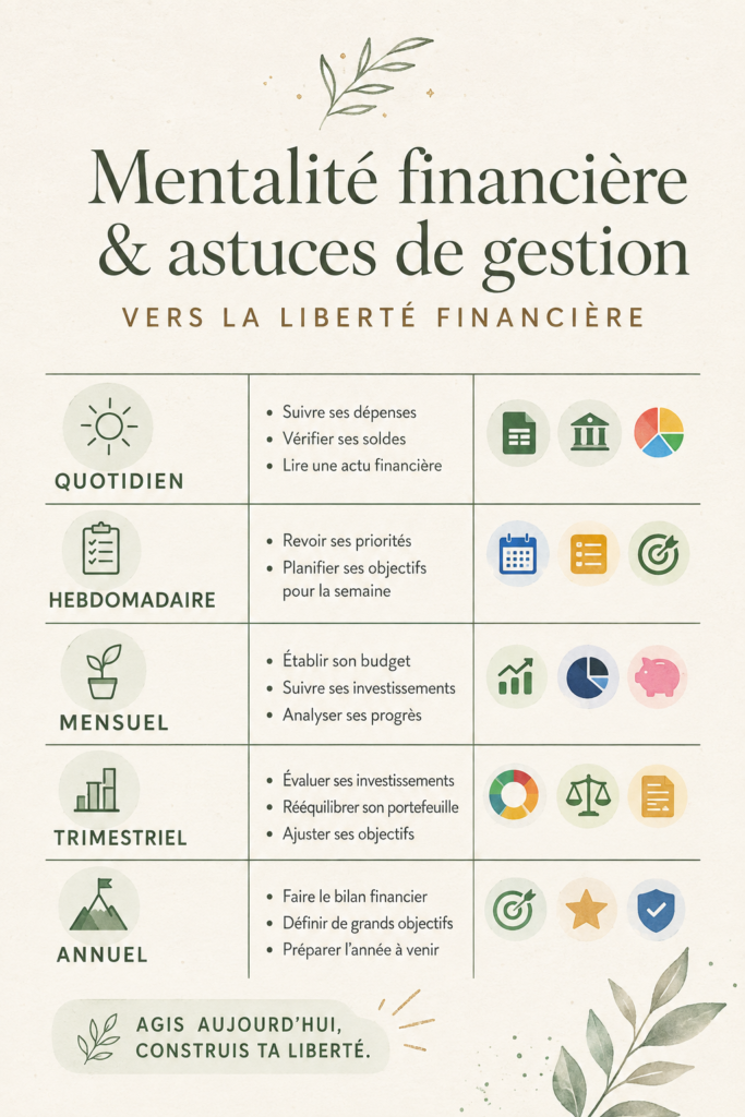 Une femme souriante examine ses finances personnelles avec un carnet et un ordinateur.
