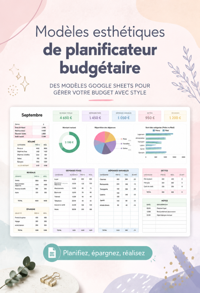 Modèle de budget esthétique sur ordinateur avec un design soigné et des couleurs harmonieuses.