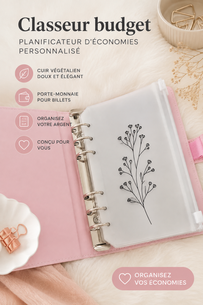 Femme souriante utilisant un organisateur de budget en cuir vegan à la maison