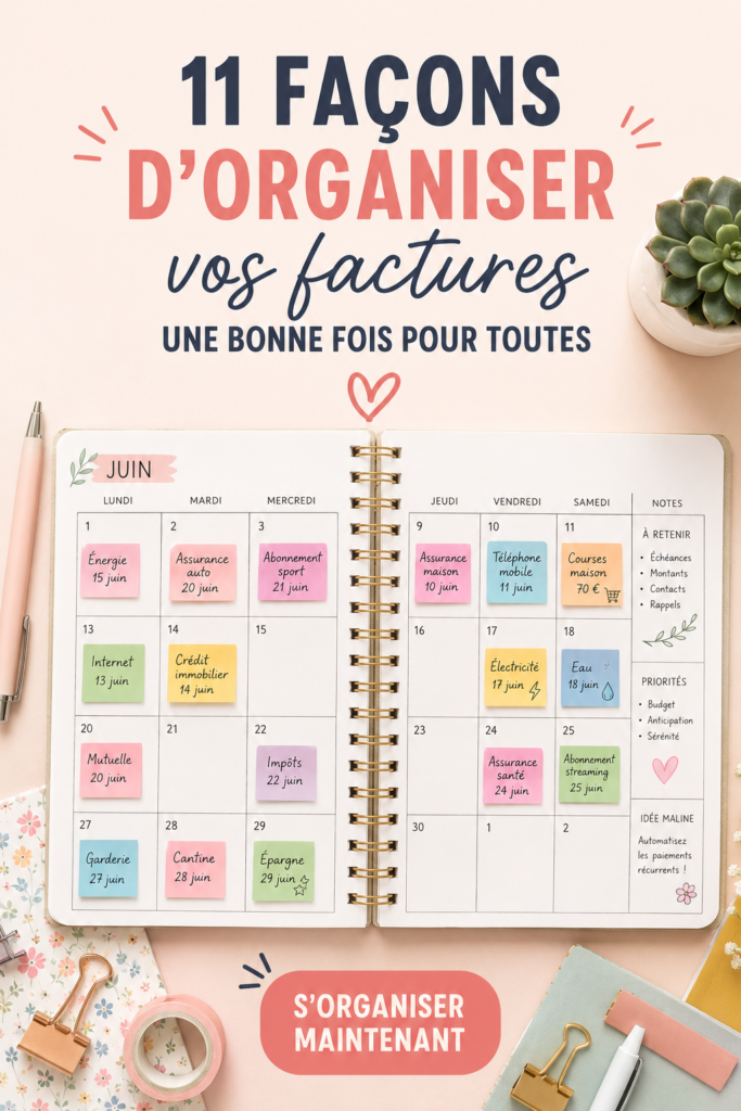 Une femme souriante organiser ses factures sur son bureau