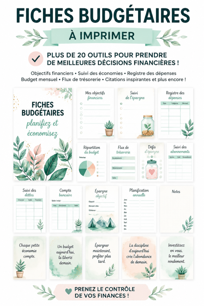 Illustration d'un modèle de budget imprimable sur un bureau avec des fournitures de bureau.