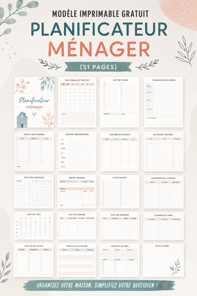 Planificateur ménager imprimé avec différentes sections pour une meilleure organisation