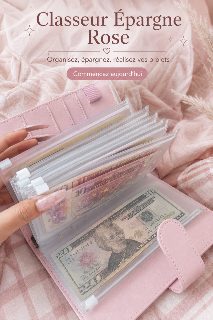 Photo d'un planner d'épargne rose sur un bureau, décoré avec des accessoires de bureau colorés.