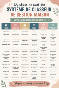 Un classeur de gestion ouvert avec des onglets colorés pour organiser la maison