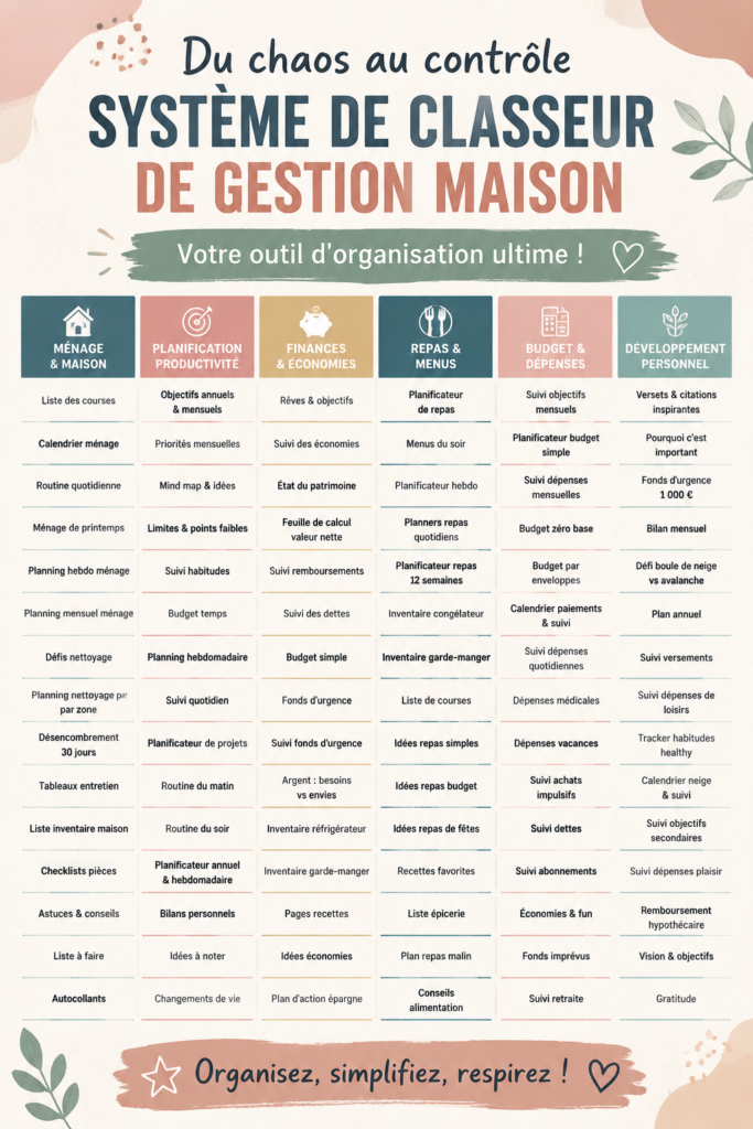 Un classeur de gestion ouvert avec des onglets colorés pour organiser la maison