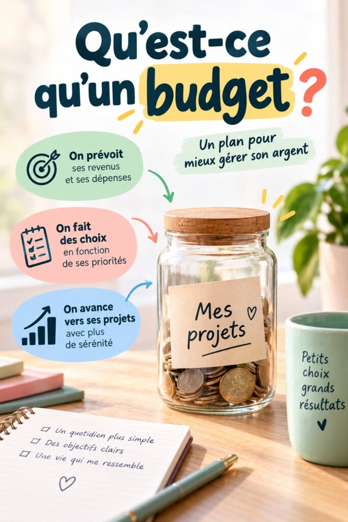 Femme souriante élaborant son budget avec un ordinateur et un carnet.
