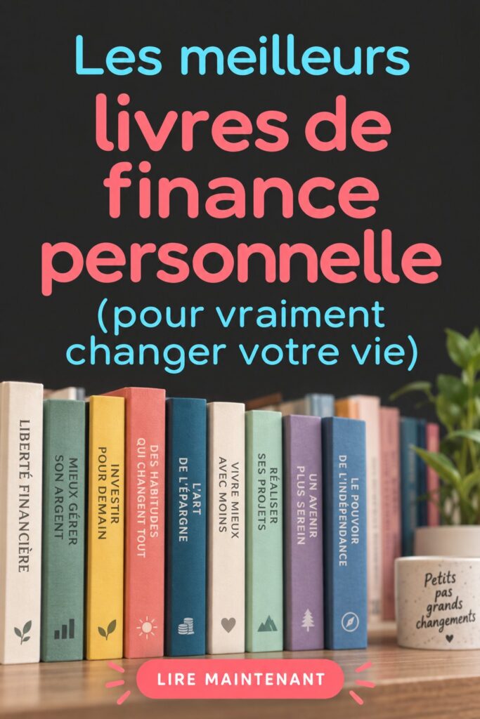 Cinq livres de finances personnelles sur une table accompagnés d'une tasse de café.