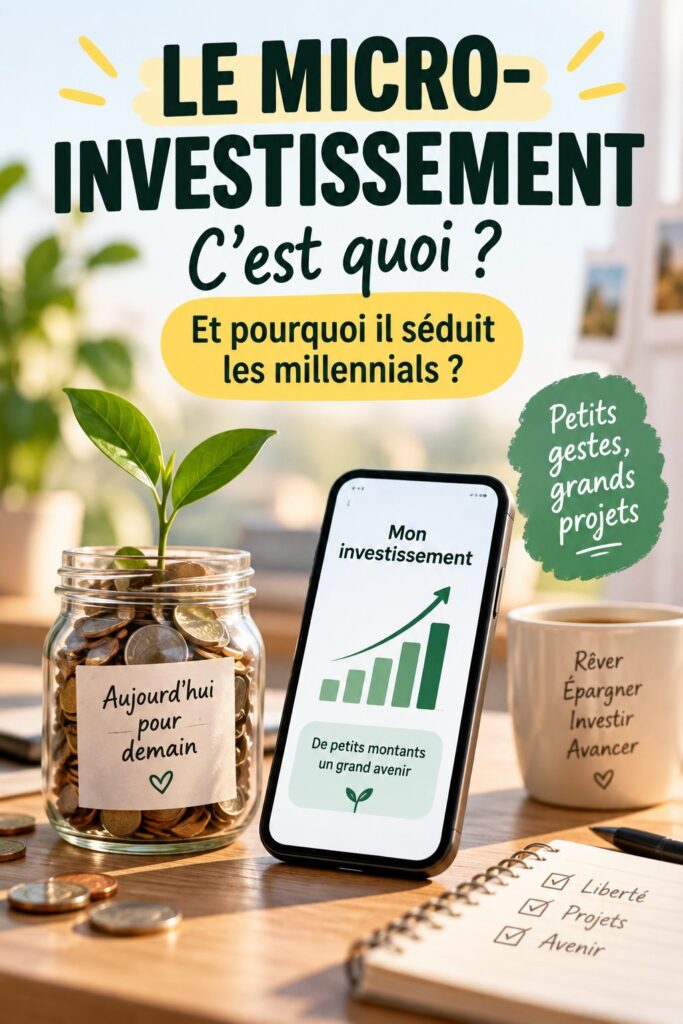 Illustration d'une femme utilisant une application de micro-investissement pour gérer ses finances personnelles.