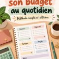 Femme souriante prenant des notes sur ses finances personnelles avec un carnet et un ordinateur.